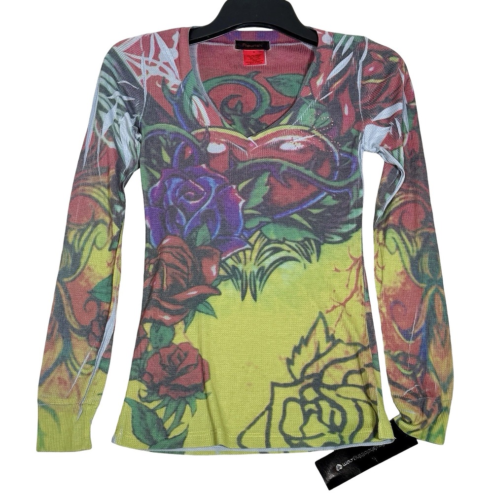 Fleurish Y2K Tattoo Graphic Thermal Top Sz S Heart Roses Waffle Knit Grunge NWT